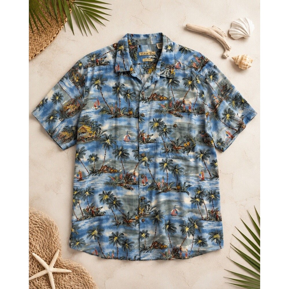 Batik Bay Hawaiian Shirt Mens 2XB Blue Rayon Tropical Palm Sailboat